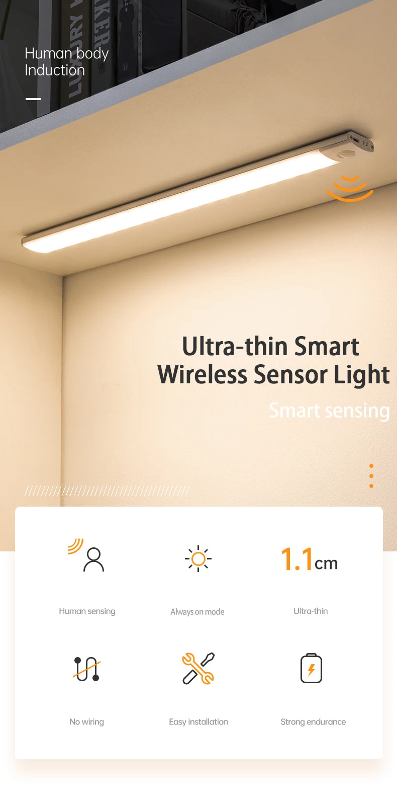 LUMOTECH™ Ultra-Thin Motion Sensor Cabinet Light – USB Rechargeable Wireless LED Under Cabinet Light for Kitchen, Bedroom, Closet, Wardrobe, Indoor Night Lighting